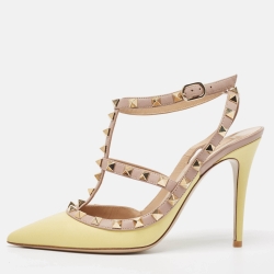 Pre Owned Valentino Beige/Yellow Leather Rockstud Strappy Pointed Toe Pumps Size 37.5