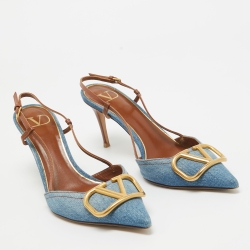 Valentino Blue/Brown Denim and Leather VLogo Slingback Pumps Size 39