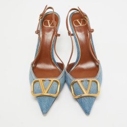 Valentino Blue/Brown Denim and Leather VLogo Slingback Pumps Size 39