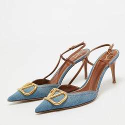 Valentino Blue/Brown Denim and Leather VLogo Slingback Pumps Size 39