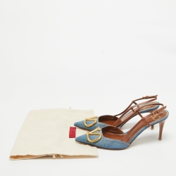 Valentino Blue/Brown Denim and Leather VLogo Slingback Pumps Size 39