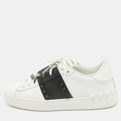 Pre Owned Valentino White/Black Leather Rockstud Untitled Sneakers Size 37