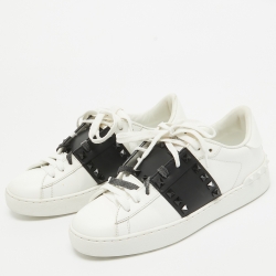 Pre Owned Valentino White/Black Leather Rockstud Untitled Sneakers Size 37