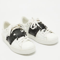 Pre Owned Valentino White/Black Leather Rockstud Untitled Sneakers Size 37
