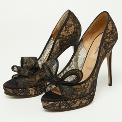 Pre Owned Valentino Black Lace Bow Peep Toe Platform Pumps Size 36.5