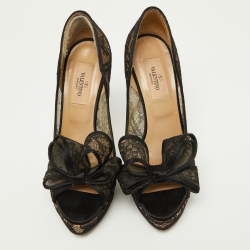 Pre Owned Valentino Black Lace Bow Peep Toe Platform Pumps Size 36.5