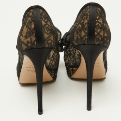 Pre Owned Valentino Black Lace Bow Peep Toe Platform Pumps Size 36.5