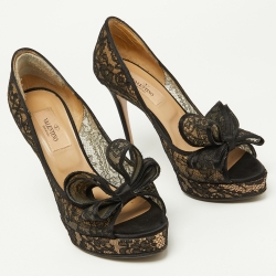 Pre Owned Valentino Black Lace Bow Peep Toe Platform Pumps Size 36.5