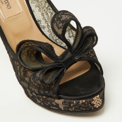 Pre Owned Valentino Black Lace Bow Peep Toe Platform Pumps Size 36.5