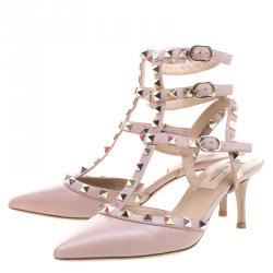 Pre Owned Valentino Beige Leather Rockstud Sandals Size 36