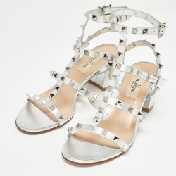 Pre Owned Valentino Silver Leather Rockstud Strappy Block Heel Sandals Size 36