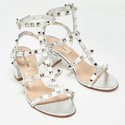 Pre Owned Valentino Silver Leather Rockstud Strappy Block Heel Sandals Size 36