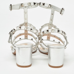 Pre Owned Valentino Silver Leather Rockstud Strappy Block Heel Sandals Size 36