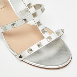 Pre Owned Valentino Silver Leather Rockstud Strappy Block Heel Sandals Size 36
