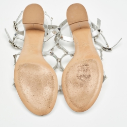 Pre Owned Valentino Silver Leather Rockstud Strappy Block Heel Sandals Size 36