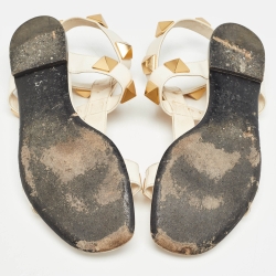 Pre Owned Valentino Cream Leather Roman Stud Ankle Strap Sandals Size 38.5