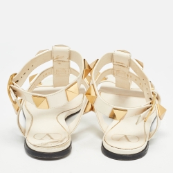 Pre Owned Valentino Cream Leather Roman Stud Ankle Strap Sandals Size 38.5
