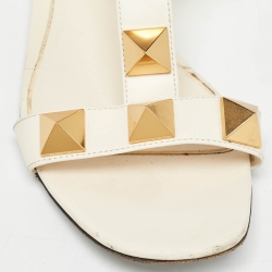 Pre Owned Valentino Cream Leather Roman Stud Ankle Strap Sandals Size 38.5