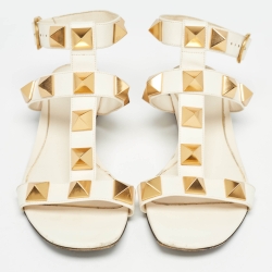 Pre Owned Valentino Cream Leather Roman Stud Ankle Strap Sandals Size 38.5