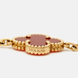 Pre Owned Van Cleef & Arpels Vintage Alhambra Carnelian 18k Yellow Gold 5 Motif Station Bracelet