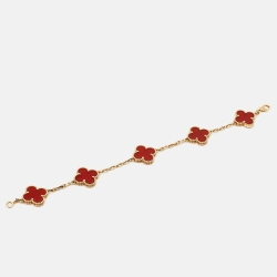 Pre Owned Van Cleef & Arpels Vintage Alhambra Carnelian 18k Yellow Gold 5 Motif Station Bracelet