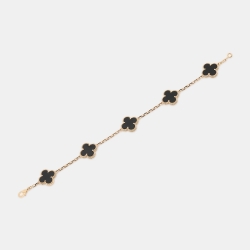 Pre Owned Van Cleef & Arpels Vintage Alhambra Onyx 18k Yellow Gold 5 Motif Station Bracelet
