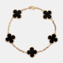 Pre Owned Van Cleef & Arpels Vintage Alhambra Onyx 18k Yellow Gold 5 Motif Station Bracelet