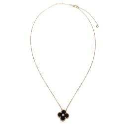 Pre Owned Van Cleef & Arpels Vintage Alhambra Diamond Onyx 18k Rose Gold Pendant Necklace