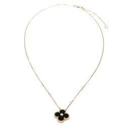 Pre Owned Van Cleef & Arpels Vintage Alhambra Diamond Onyx 18k Rose Gold Pendant Necklace
