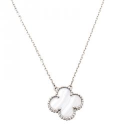 Pre Owned Van Cleef & Arpels Vintage Alhambra Chalcedony 18k White Gold Pendant Necklace