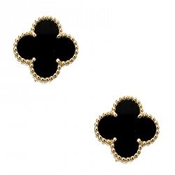 Pre Owned Van Cleef & Arpels Vintage Alhambra Onyx 18k Yellow Gold Stud Earrings