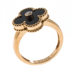 Pre Owned Van Cleef & Arpels Vintage Alhambra Diamond Onyx 18k Yellow Gold Ring Size 54