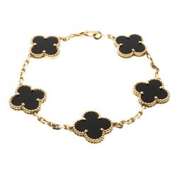 Pre Owned Van Cleef & Arpels Vintage Alhambra 5 Onyx Motif & 18k Yellow Gold Bracelet 