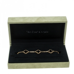 Pre Owned Van Cleef & Arpels Vintage Alhambra 5 Onyx Motif & 18k Yellow Gold Bracelet 