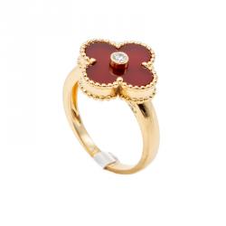 Pre Owned Van Cleef & Arpels Red Carnelian Vintage Alhambra Diamond Yellow Gold Size 52