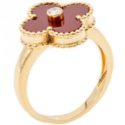 Pre Owned Van Cleef & Arpels Red Carnelian Vintage Alhambra Diamond Yellow Gold Size 52