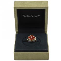 Pre Owned Van Cleef & Arpels Red Carnelian Vintage Alhambra Diamond Yellow Gold Size 52