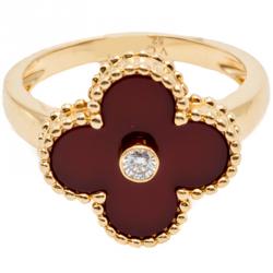 Pre Owned Van Cleef & Arpels Red Carnelian Vintage Alhambra Diamond Yellow Gold Size 52