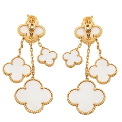Pre Owned Van Cleef & Arpels Magic Alhambra 4 Motif Mother of Pearl 18K Yellow Gold Long Earrings