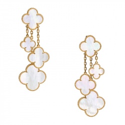 Pre Owned Van Cleef & Arpels Magic Alhambra 4 Motif Mother of Pearl 18K Yellow Gold Long Earrings