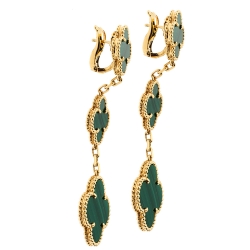 Pre Owned Van Cleef & Arpels Magic Alhambra 3 Motif Malachite 18K Yellow Gold Long Earrings