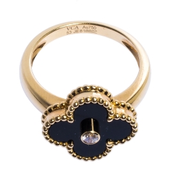 مملوكة مسبقًا Van Cleef and Arpels Vintage Alhambra Onyx Diamond 18K Yellow Gold Ring 53