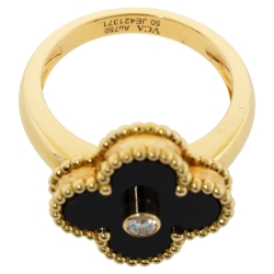 Pre Owned Van Cleef & Arpels Vintage Alhambra Diamond Onyx 18K Yellow Gold Ring Size 50