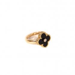 Pre Owned Van Cleef & Arpels Alhambra Diamond Onyx 18K Yellow Gold Ring Size 52
