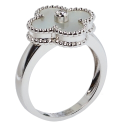 Pre Owned Van Cleef & Arpels Vintage Alhambra Mother of Pearl Diamond 18K White Gold Ring Size 53