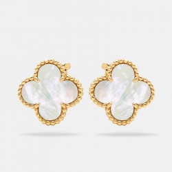 Pre Owned Van Cleef & Arpels Vintage Alhambra Mother of Pearl 18k Yellow Gold Clip-on Stud Earrings