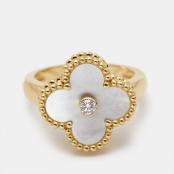 مملوكة مسبقًا Van Cleef & Arpels Vintage Alhambra Mother of Pearl Diamond 18k Yellow Gold Ring Size 49