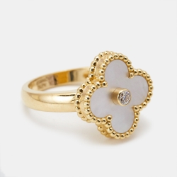 مملوكة مسبقًا Van Cleef & Arpels Vintage Alhambra Mother of Pearl Diamond 18k Yellow Gold Ring Size 49