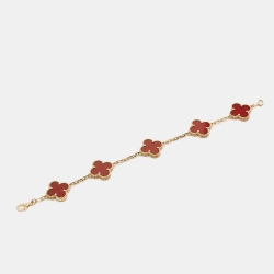 Pre Owned Van Cleef & Arpels Vintage Alhambra Carnelian 18k Yellow Gold 5 Motif Station Bracelet