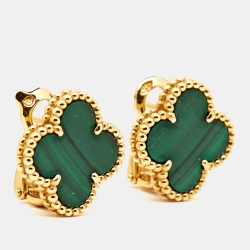 Pre Owned Van Cleef & Arpels Vintage Alhambra Malachite 18k Yellow Gold Earrings